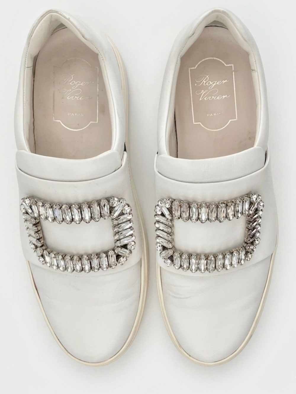 Roger Vivier White Leather Slip-on Sneakers Loafers with Crystal Buckle